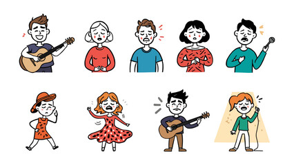 Obraz premium A Symphony of Emotions: A collection of charming, hand-drawn characters expressing a range of emotions, from the joy of singing and playing guitar to frustration and determination.