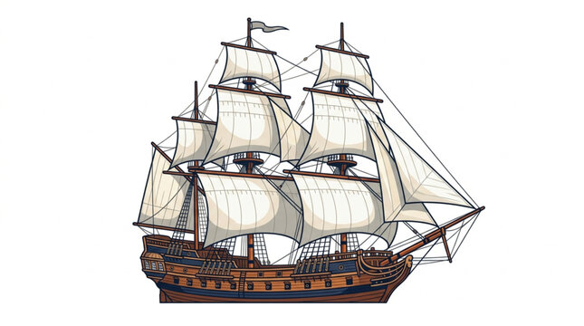 Vintage Sailing Ship With Full Sails Illustration.