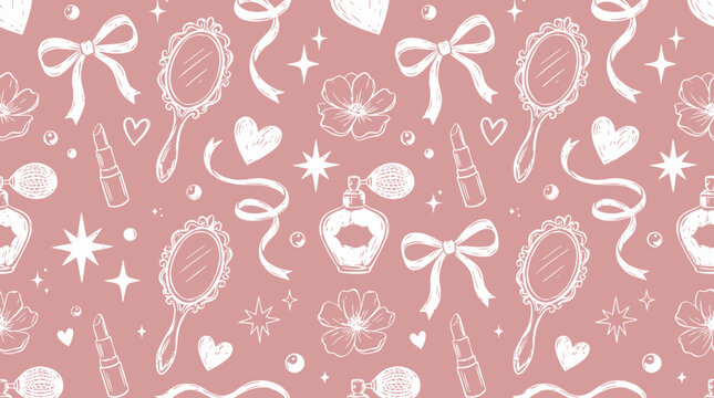 Hand drawn pattern of makeup and beauty items on pink background