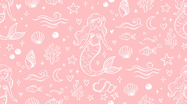 A whimsical underwater scene featuring a mermaid surrounded by Hand drawn pattern of sea creatures and shells on a soft pink background.