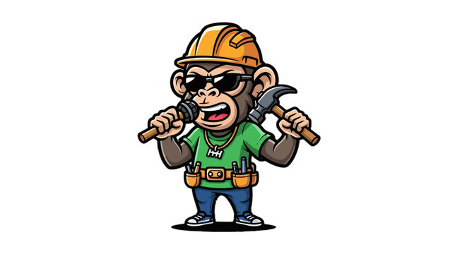 Cartoon Monkey Wearing Construction Gear Holding Tools.