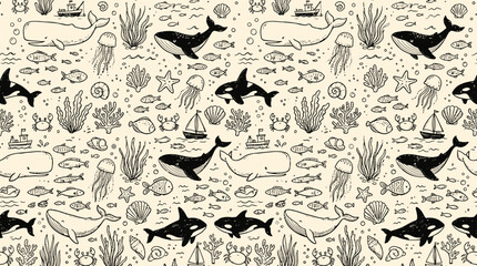 Underwater scene with Hand drawn pattern of whispers whales sea creatures © Crushin