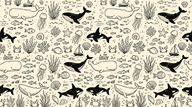 Underwater scene with Hand drawn pattern of whispers whales sea creatures