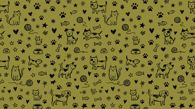 A Hand drawn pattern featuring various dog breeds and symbols on a green background with illustrations.
