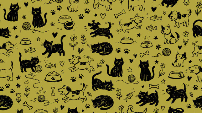 Hand drawn pattern featuring cats and various objects on a yellow background