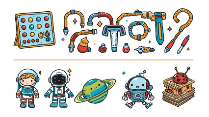 Outer Space Adventure Set: A charming collection of whimsical illustrations featuring astronauts, a friendly robot, a cute planet, and space-themed building blocks. © Murshida