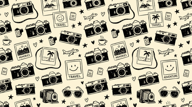 Hand drawn pattern featuring various camera icons and travel symbols on a beige background