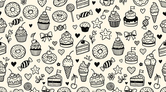 A vibrant Hand drawn pattern featuring sweet treats and desserts