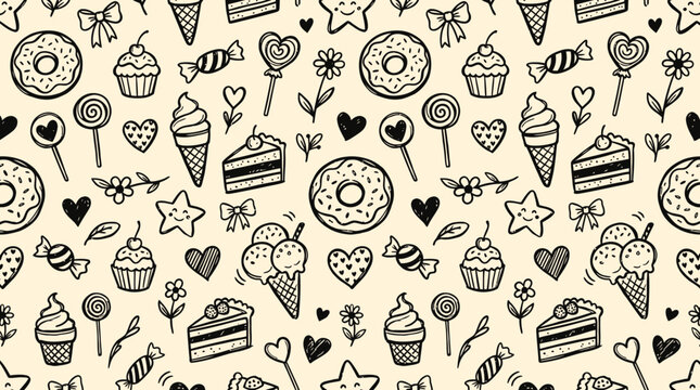 Hand drawn pattern of sweet treats and desserts fills the scene with various food items.