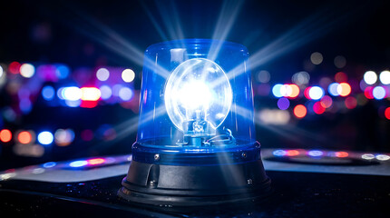 Fototapeta premium Vibrant blue emergency beacon flashing intensely against the nocturnal urban backdrop, signaling caution and authority