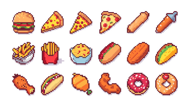 Pixelated Fast Food Assortment: A vibrant collection of pixel art depicting classic fast food items, including burgers, pizza slices, hot dogs, french fries, and donuts, presented in a playful.
