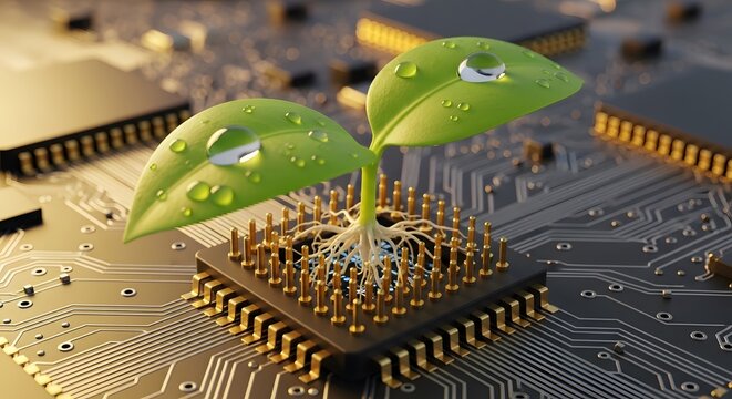Green sprout with water droplets growing from computer chip