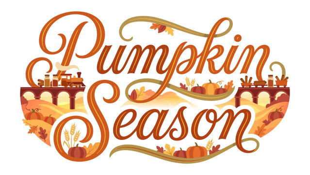 Autumn Delight: A whimsical illustration celebrating the arrival of Pumpkin Season, featuring charming autumn leaves, plump pumpkins, and a playful train chugging along a bridge.