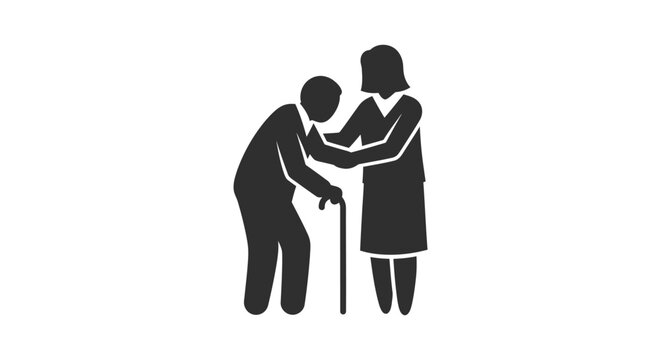 Icon of a female caregiver assisting an elderly man with a walking cane.