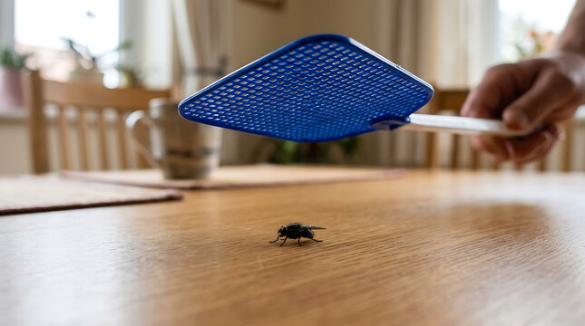 Close-up action shot of a fly swat about to strike a fly on a wooden table