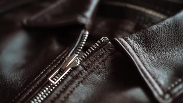 Close up of brown leather jacket zipper opening