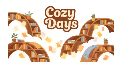 Cozy Days Illustration: A whimsical illustration depicting bookshelves filled with books and floating papers, adorned with small potted plants, evoking a sense of comfort and leisure. © asad