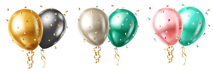 Obraz premium Golden, silver, and green balloons float with confetti and ribbons on white background.