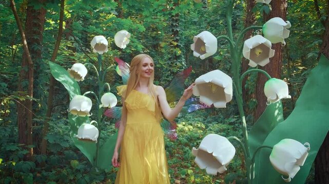 Fashion model posing fantasy woman fairy princess walking in green forest grass ivy touching big flowers white lilies of valley Scenery. Costume elf pixie wings yellow dress. Girl elf enjoys nature.