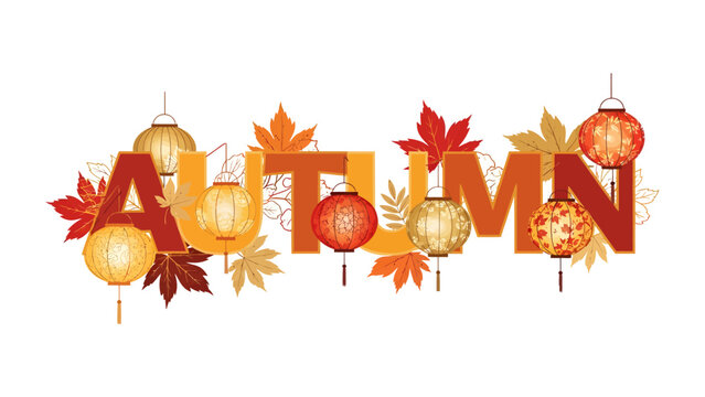 Autumn Celebration with Lanterns and Leaves: The word AUTUMN is adorned with vibrant maple leaves in shades of red, orange, and yellow, interspersed with decorative paper lanterns.
