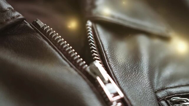 Close up of brown leather jacket zipper