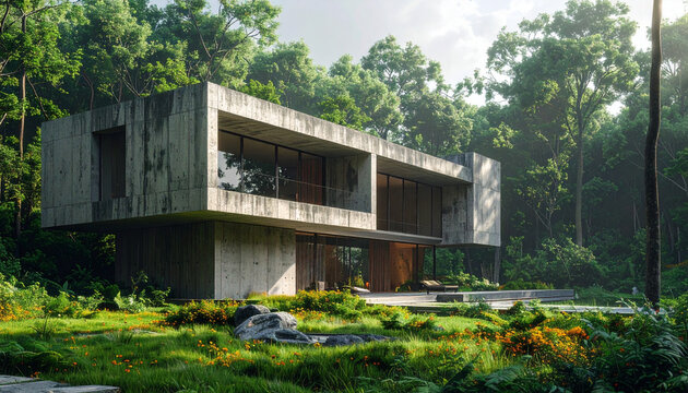 Modern concrete house forest