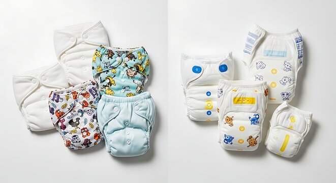 Collection of reusable cloth diapers and disposable baby nappies