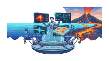 Volcanic Eruption Research: A scientist stands at a futuristic console, surrounded by monitors displaying data on volcanic activity and geological formations. © Abu