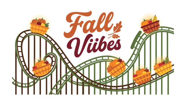 Fall Vibes Rollercoaster: A playful illustration depicting a rollercoaster adorned with baskets full of autumn harvest produce, signifying the exciting spirit of the fall season.