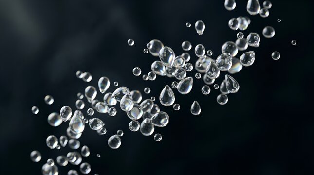 Abstract macro shot of clear water droplets suspended against a dark background