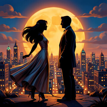 modern city sunset couple silhouette