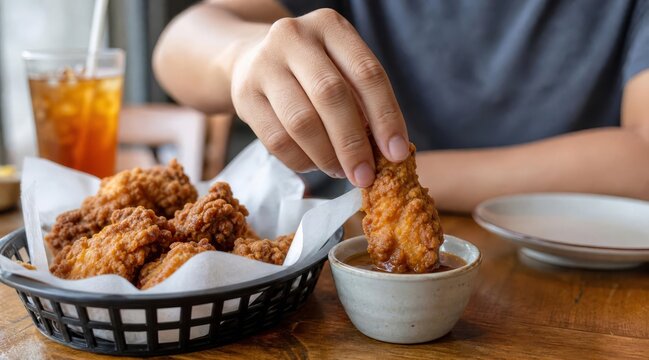 Person dipping fried chicken in sauce