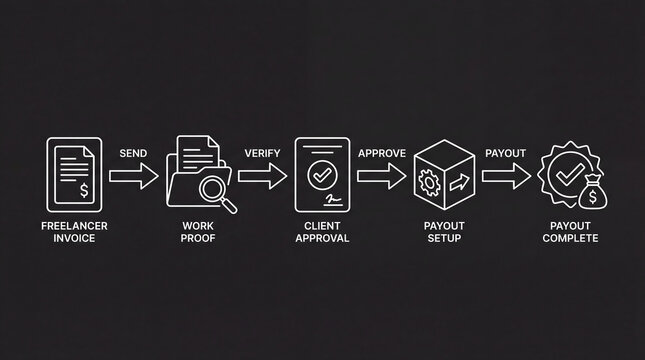 Professional freelance payment workflow infographic featuring white linear icons showing the invoice sending process to final payout completion on dark background