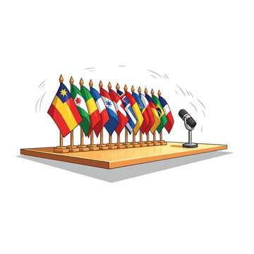 Many national flags on a podium.