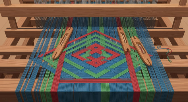 Traditional wooden loom with colorful patterned fabric weaving