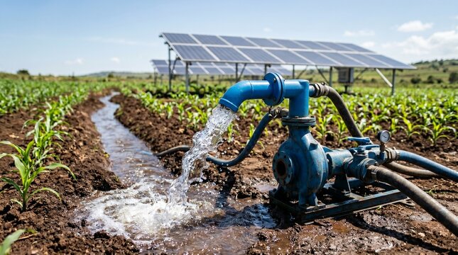 Solar powered water pump spraying clean water into irrigation ditch on a crop farm with solar panel array background