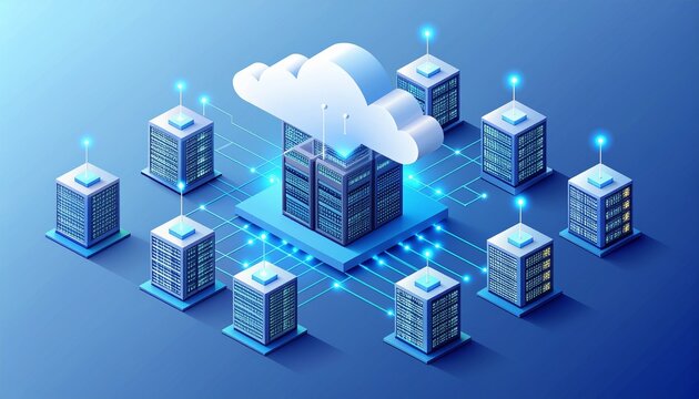 Isometric minimalist illustration of a cloud computing conference and abstract data network servers for technology presentations and digital business websites