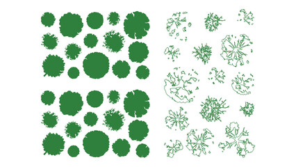 Landscape architectural design elements with tree top view silhouettes and sketches. © Sara Studio