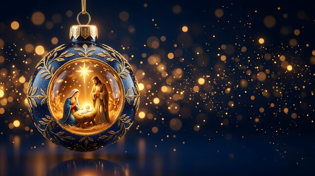 Nativity scene Christmas ornament in navy glass bauble with golden glow