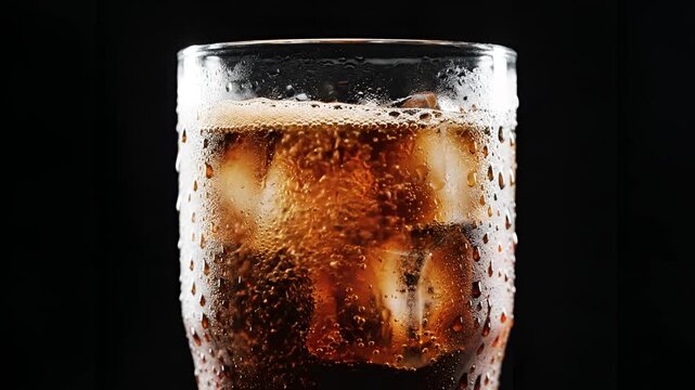 Refreshing Cola Drink with Ice Cubes and Bubbles Close Up.