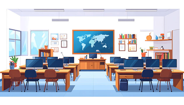 modern computer classroom interior with world map on blackboard and desks with monitors, ready for e-learning or digital education