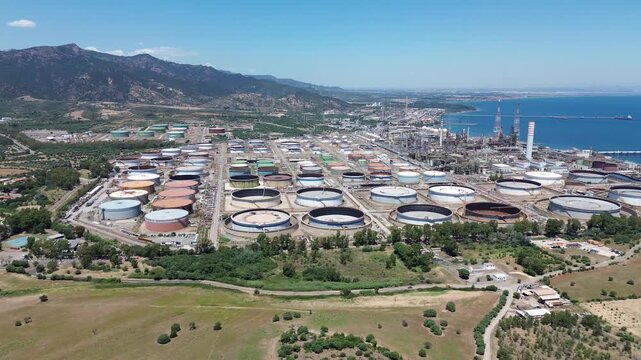 Drone Panorama of Saras Refinery Complex in Sarroch South Sardinia