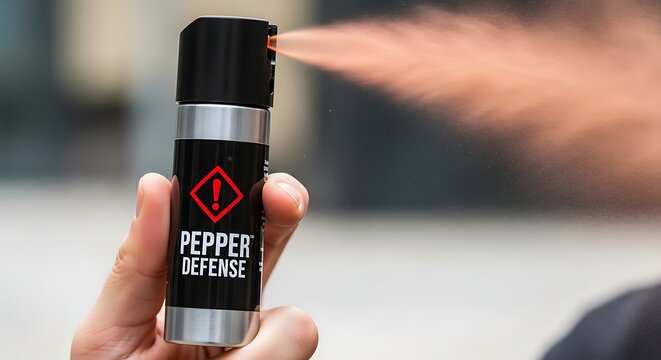 Hand holding and spraying a pepper spray canister for self defense