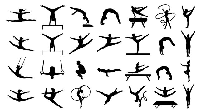 Gymnastics Silhouettes Vector Set - Artistic and Rhythmic Gymnast Athlete Poses, Acrobatics and Sports Icons