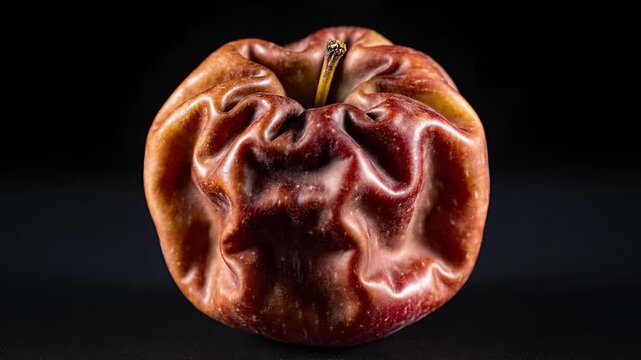 Time lapse of an apple decaying and shriveling over time.