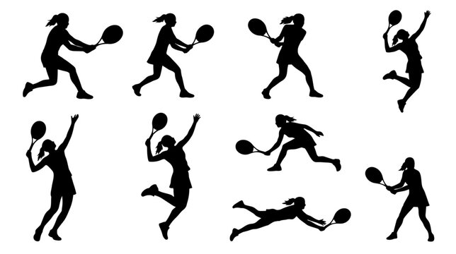 Female tennis player silhouettes set, women athletes in action poses vector illustration