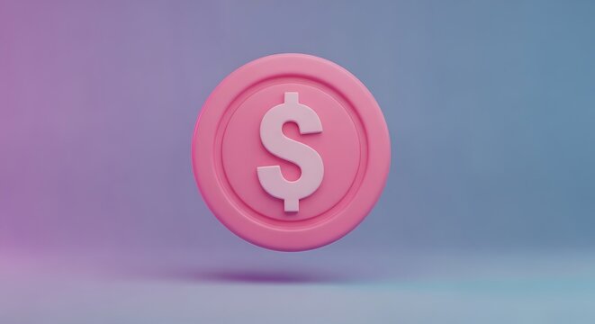 Pink 3d dollar coin icon floating on gradient background