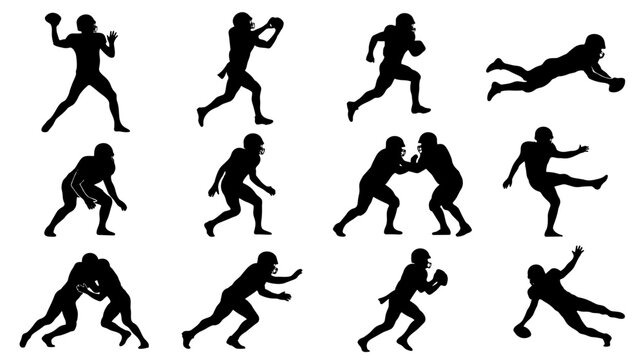 American football player silhouettes set. Football athletes in action poses, running, throwing, tackling, catching, kicking.