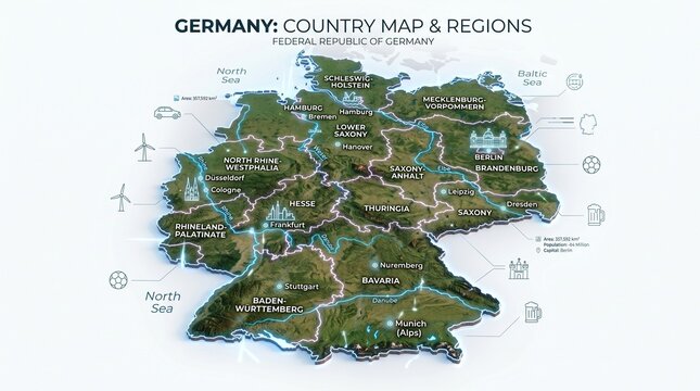 Germany country map isolated, clean white background, modern infographic style, realistic texture