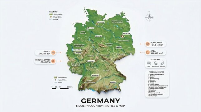 Germany country map isolated, clean white background, modern infographic style, realistic texture